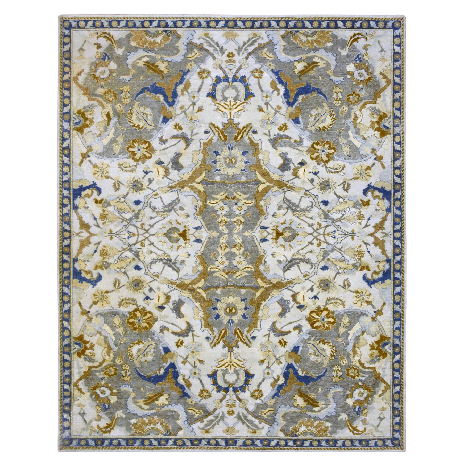 8'1"x10'2" Snow Ivory, Polonaise Czartoryski with Persian Isphahan Inspired Design Distinct Abrash, Hand Knotted, Zero Pile 100% Wool, Oriental Rug 